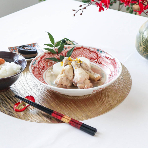 Akae Peony Kutani Serving Bowl - MUSUBI KILN - Handmade Japanese Tableware and Japanese Dinnerware
