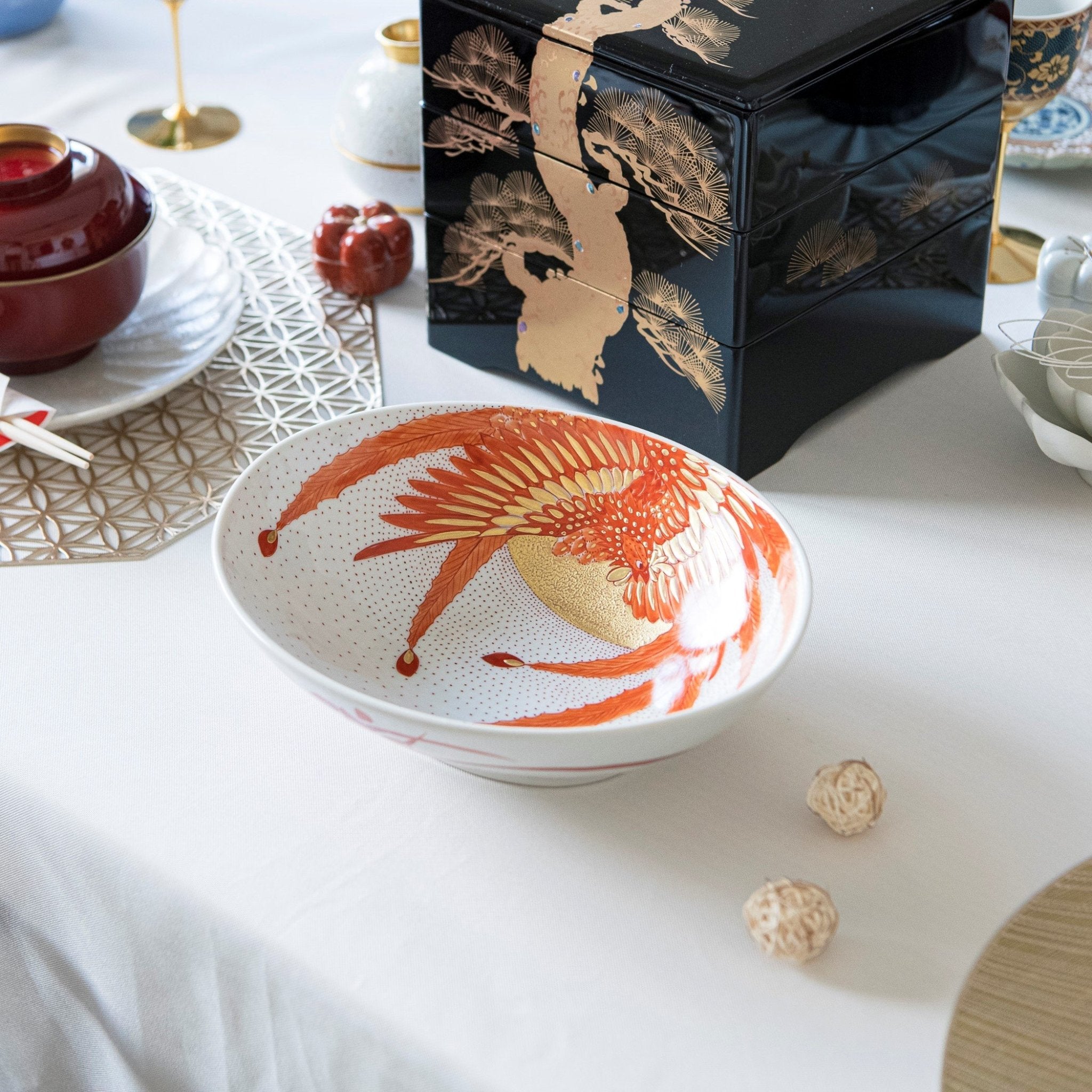 Akae Red Phoenix Kutani Oval Bowl - MUSUBI KILN - Handmade Japanese Tableware and Japanese Dinnerware