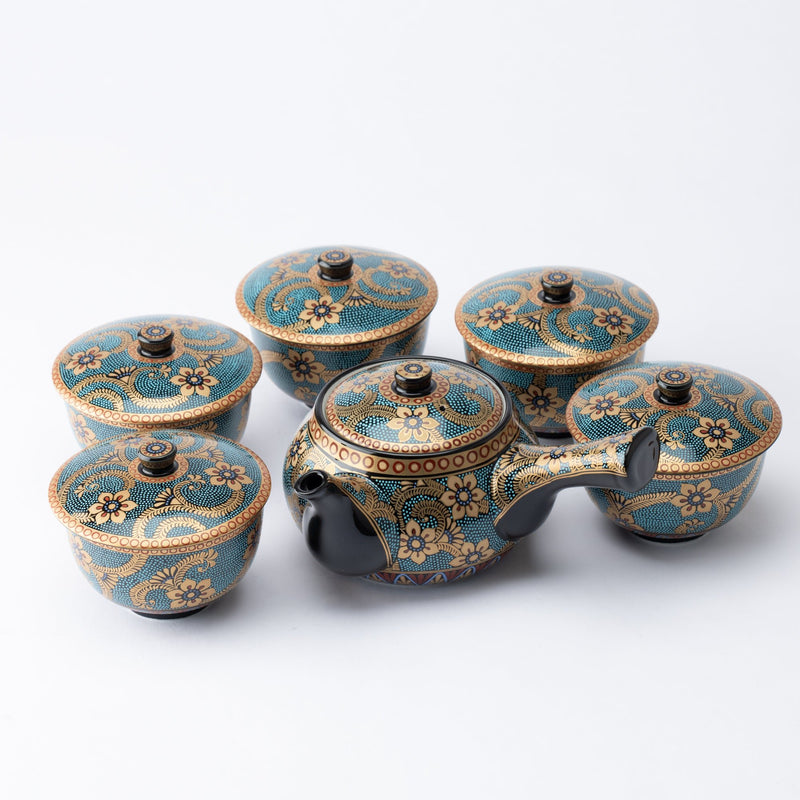 Aochibu and Gold Arabesque Kutani Japanese Teapot Set - MUSUBI KILN - Handmade Japanese Tableware and Japanese Dinnerware