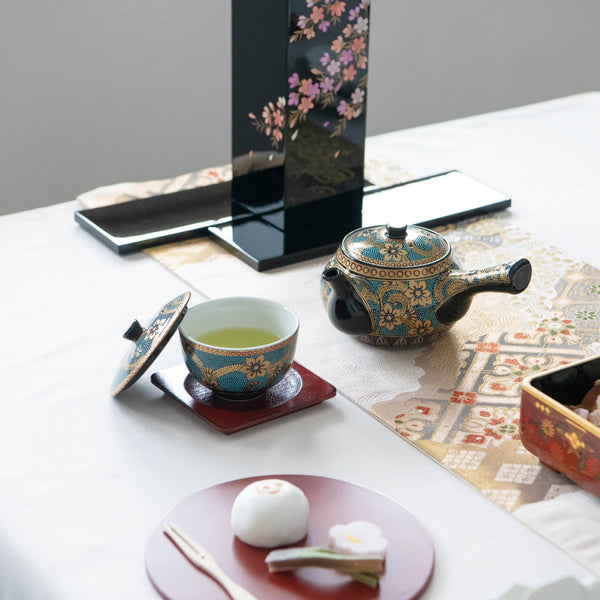 Aochibu and Gold Arabesque Kutani Japanese Teapot Set - MUSUBI KILN - Handmade Japanese Tableware and Japanese Dinnerware