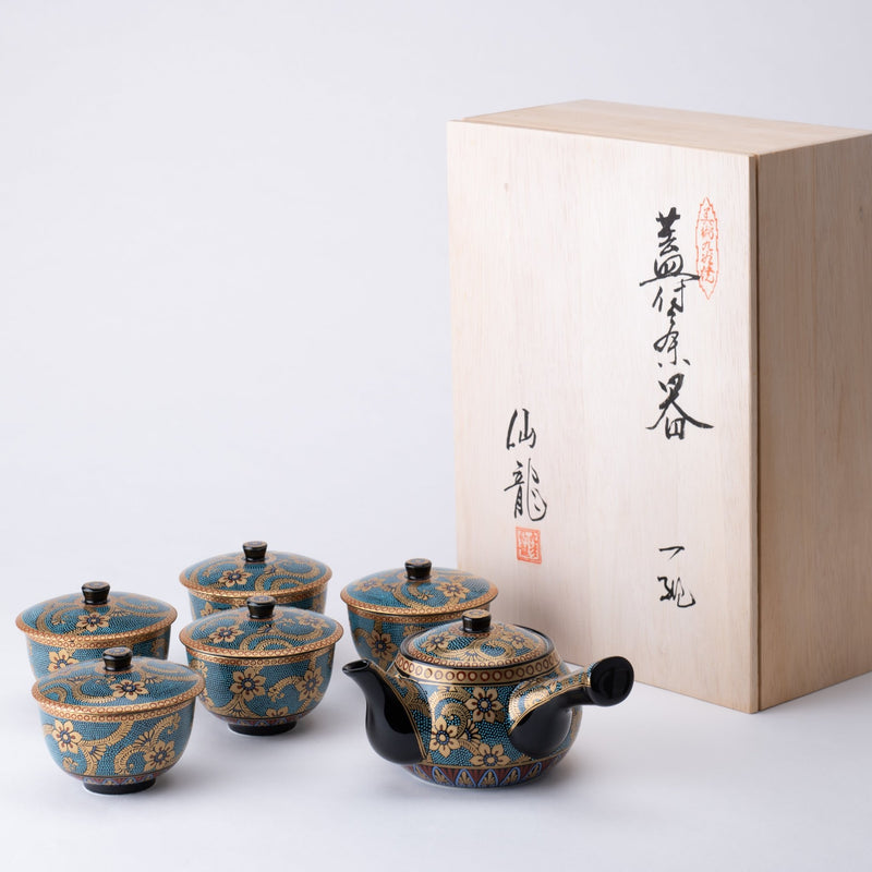 Aochibu and Gold Arabesque Kutani Japanese Teapot Set