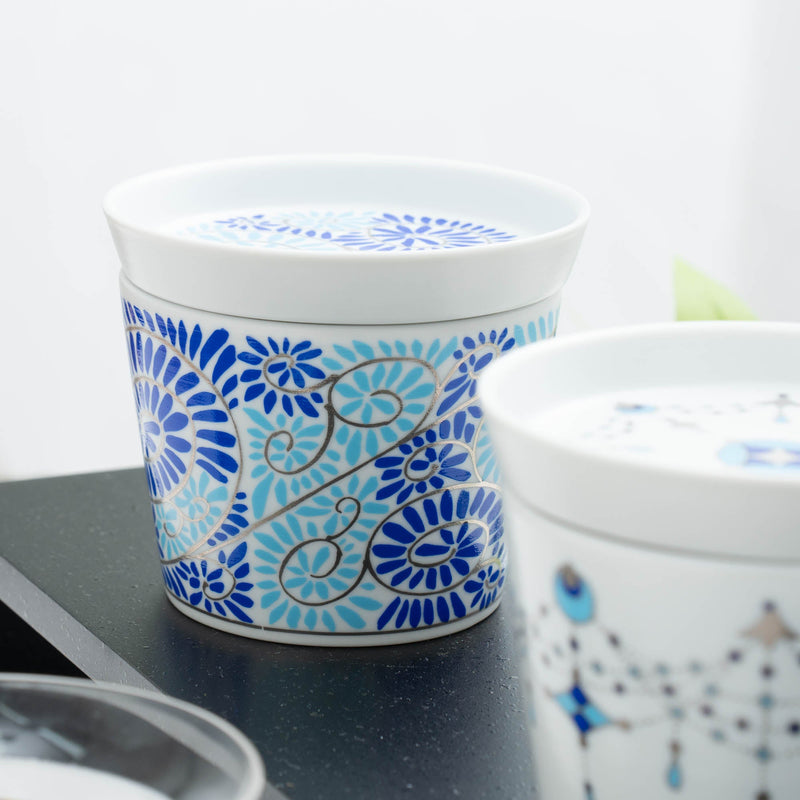 Arita Porcelain Lab Japan Blue Arabesque Sobachoko Cup and Condiment Plate Set - MUSUBI KILN - Handmade Japanese Tableware and Japanese Dinnerware