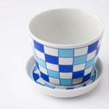 Arita Porcelain Lab Japan Blue Checkered Pattern Sobachoko Cup and Condiment Plate Set - MUSUBI KILN - Handmade Japanese Tableware and Japanese Dinnerware