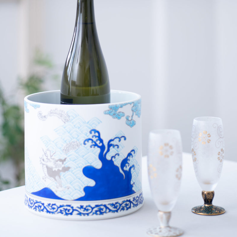Arita Porcelain Lab Japan Blue Wave and Dragon Sake Cooler - MUSUBI KILN - Handmade Japanese Tableware and Japanese Dinnerware