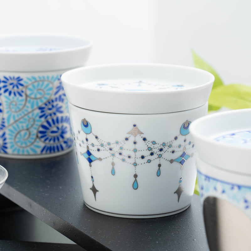 Arita Porcelain Lab Japan Blue Yoraku Pattern Sobachoko Cup and Condiment Plate Set - MUSUBI KILN - Handmade Japanese Tableware and Japanese Dinnerware