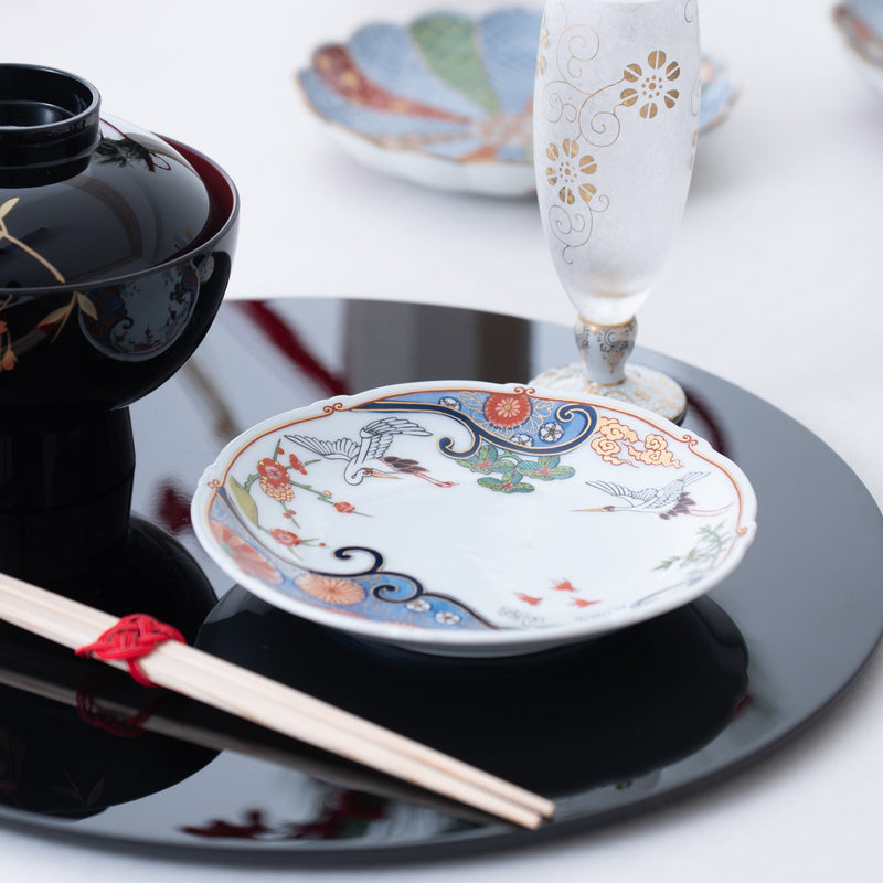Arita Porcelain Lab Yazaemon Crane and Wave Plate Set, MUSUBI KILN