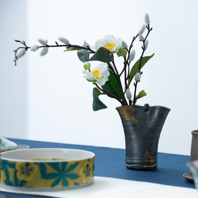 Black and Gold Shigaraki Ware Small Flower Vase - MUSUBI KILN - Quality Japanese Tableware and Gift