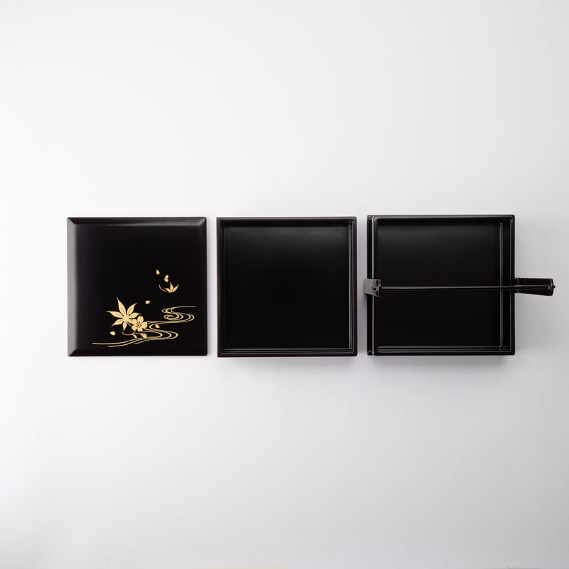 Black Running Water Echizen Lacquerware Two Tiers Jubako Bento Box with Handle - MUSUBI KILN - Handmade Japanese Tableware and Japanese Dinnerware