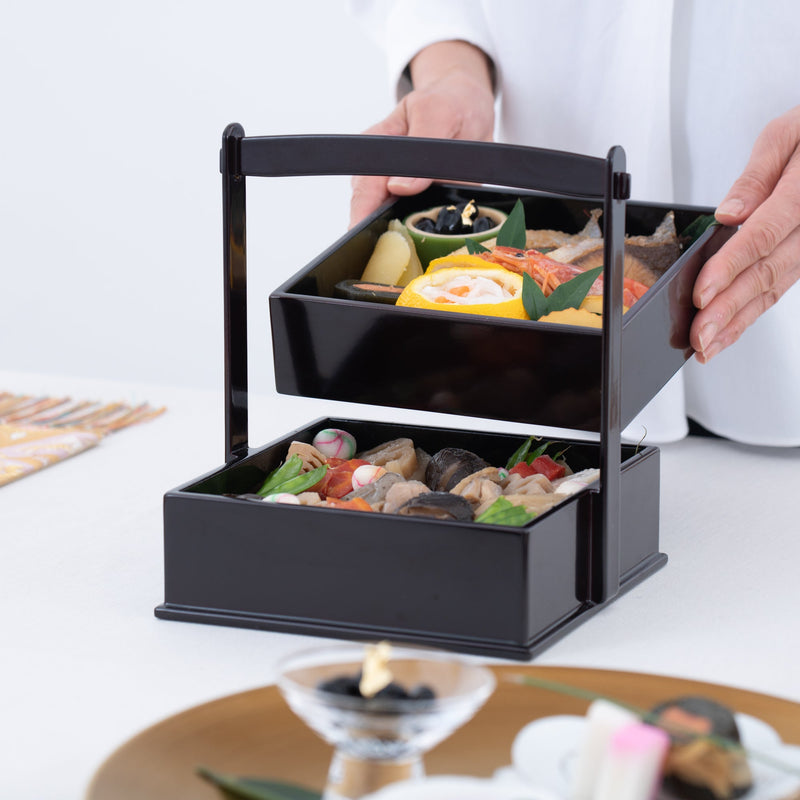 Black Running Water Echizen Lacquerware Two Tiers Jubako Bento Box with Handle - MUSUBI KILN - Quality Japanese Tableware and Gift