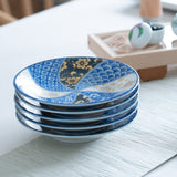 Blue Clematis Kutani Round Plate Set - MUSUBI KILN - Handmade Japanese Tableware and Japanese Dinnerware