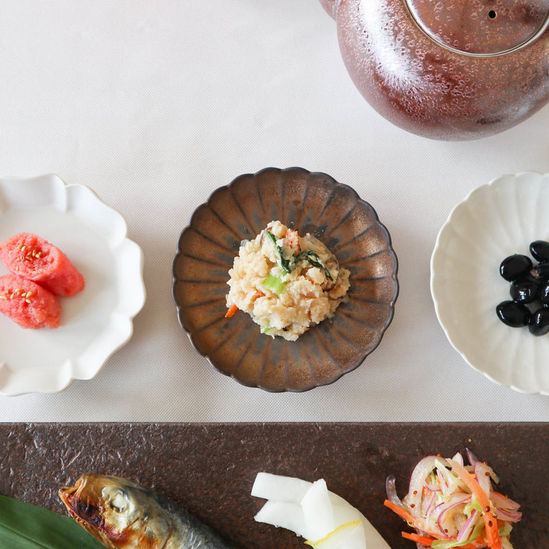 Bronze Chrysanthemum Hasami Sauce Plate - MUSUBI KILN - Handmade Japanese Tableware and Japanese Dinnerware