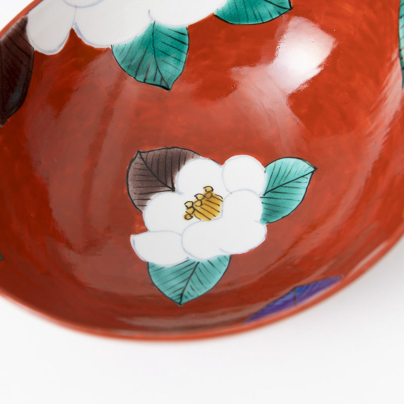 Camellia on Vermilion Kutani Bowl - MUSUBI KILN - Handmade Japanese Tableware and Japanese Dinnerware