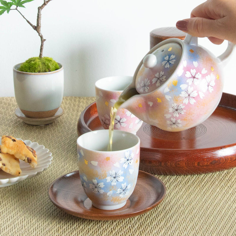Japanese Design White Cherry Blossom Teapot and Cups Set
