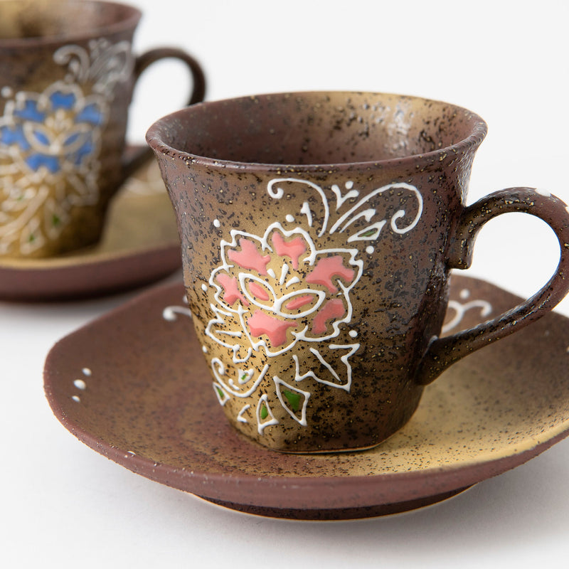 Flower Kutani Cup and Saucer Pair - MUSUBI KILN - Handmade Japanese Tableware and Japanese Dinnerware