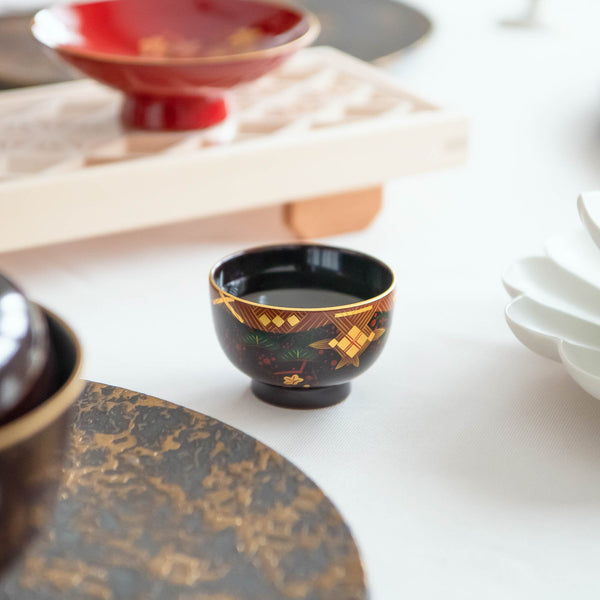 Fukunishi Sobe Pine, Bamboo and Plum Aizu Lacquer Guinomi Sake Cup - MUSUBI KILN - Handmade Japanese Tableware and Japanese Dinnerware