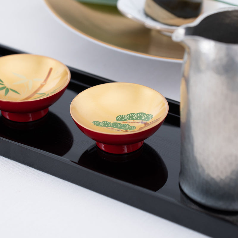 Fukunishi Sobe Pine, Bamboo and Plum Aizu Lacquerware Sakazuki Flat Sake Cup Set of 3 - MUSUBI KILN - Quality Japanese Tableware and Gift