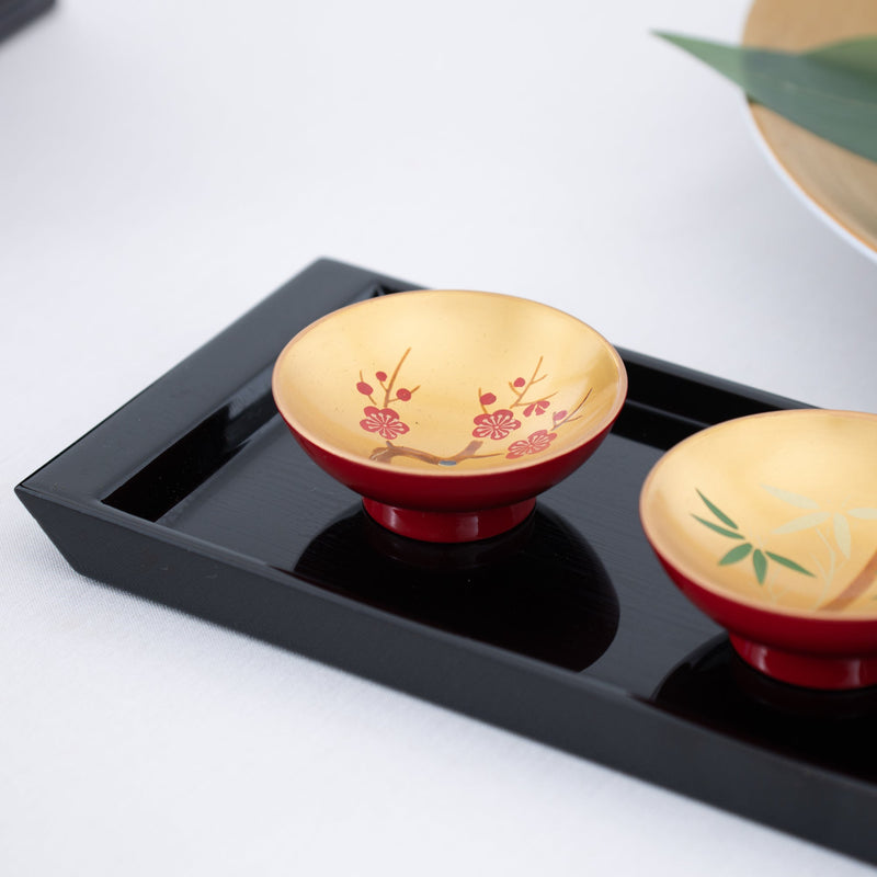Fukunishi Sobe Pine, Bamboo and Plum Aizu Lacquerware Sakazuki Flat Sake Cup Set of 3 - MUSUBI KILN - Quality Japanese Tableware and Gift