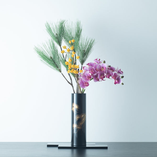 Fukunishi Sobe Pine Tree Aizu Lacquer Cylindrical Flower Vase with Tray - MUSUBI KILN - Quality Japanese Tableware and Gift