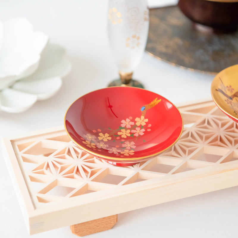 Fukunishi Sobe Red Sakura Aizu Lacquer Sakazuki Flat Sake Cup with Stand - MUSUBI KILN - Handmade Japanese Tableware and Japanese Dinnerware