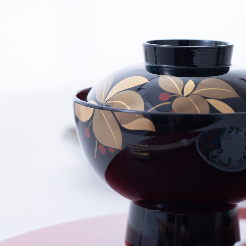 Fukunishi Sobe Spear Flower Aizu Lacquerware Soup Bowl with lid - MUSUBI KILN - Quality Japanese Tableware and Gift