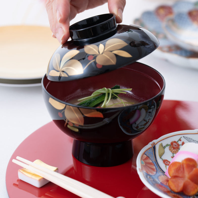 Fukunishi Sobe Spear Flower Aizu Lacquerware Soup Bowl with lid - MUSUBI KILN - Quality Japanese Tableware and Gift