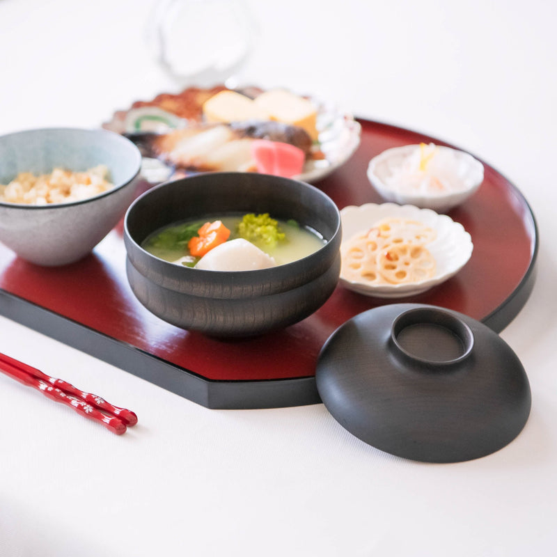 Black and Red Lacquer Yamanaka Lacquerware Oryoki Bowl Set, MUSUBI KILN