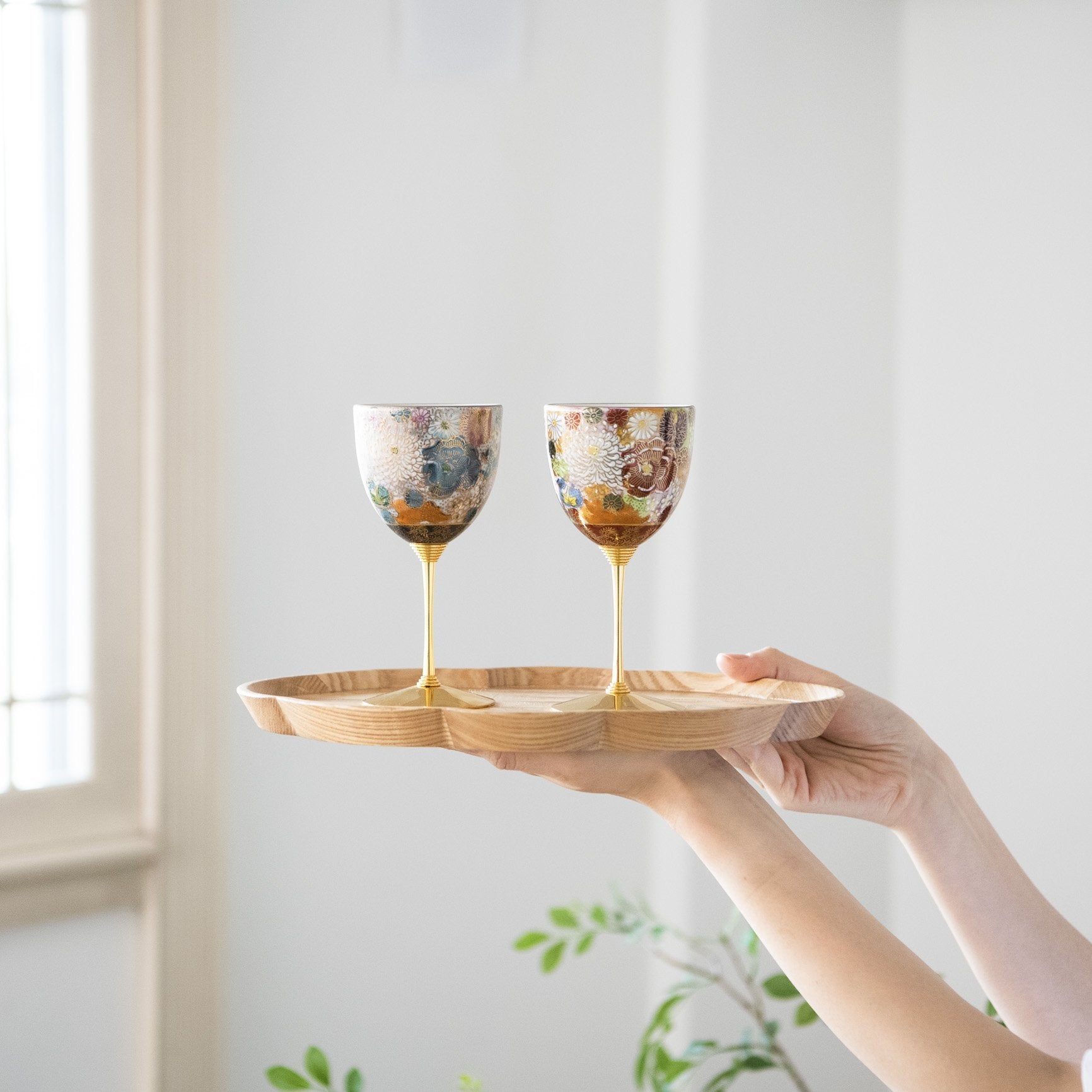 Hanazume Kutani Wine Cup Pair - MUSUBI KILN - Handmade Japanese Tableware and Japanese Dinnerware