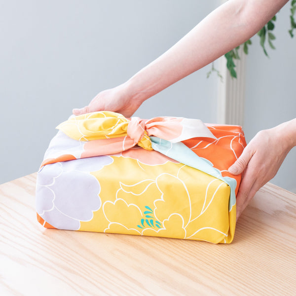 Hime-Musubi Orange Peony Organic Cotton Furoshiki Wrapping Cloth 39in - MUSUBI KILN - Handmade Japanese Tableware and Japanese Dinnerware