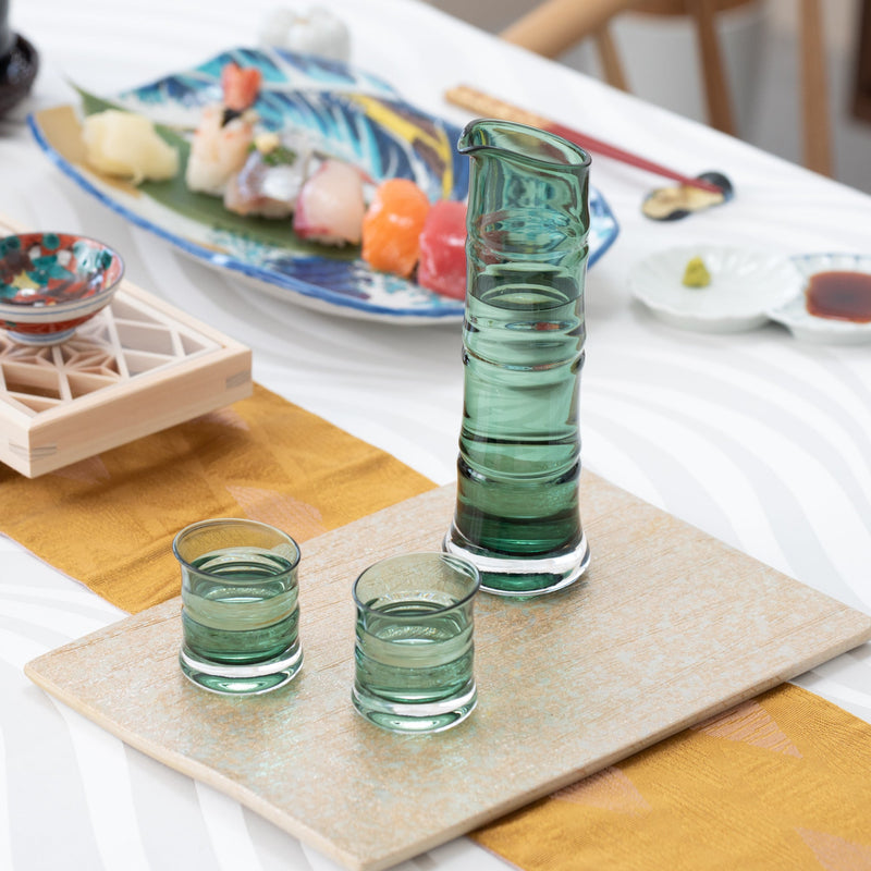 Hirota Glass Green Bamboo 3-Piece Sake Set - MUSUBI KILN - Handmade Japanese Tableware and Japanese Dinnerware