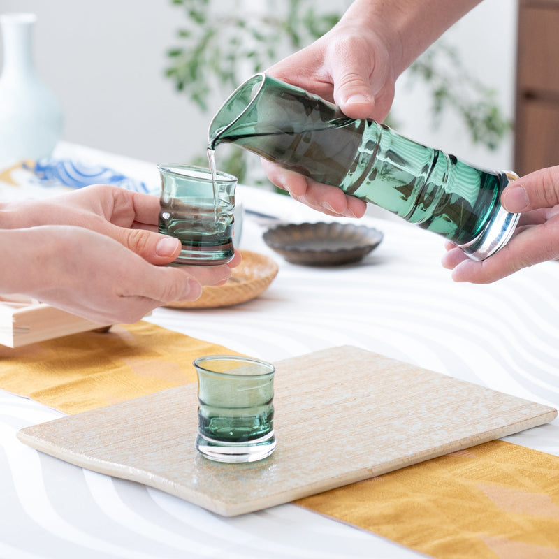 Hirota Glass Green Bamboo 3-Piece Sake Set - MUSUBI KILN - Handmade Japanese Tableware and Japanese Dinnerware