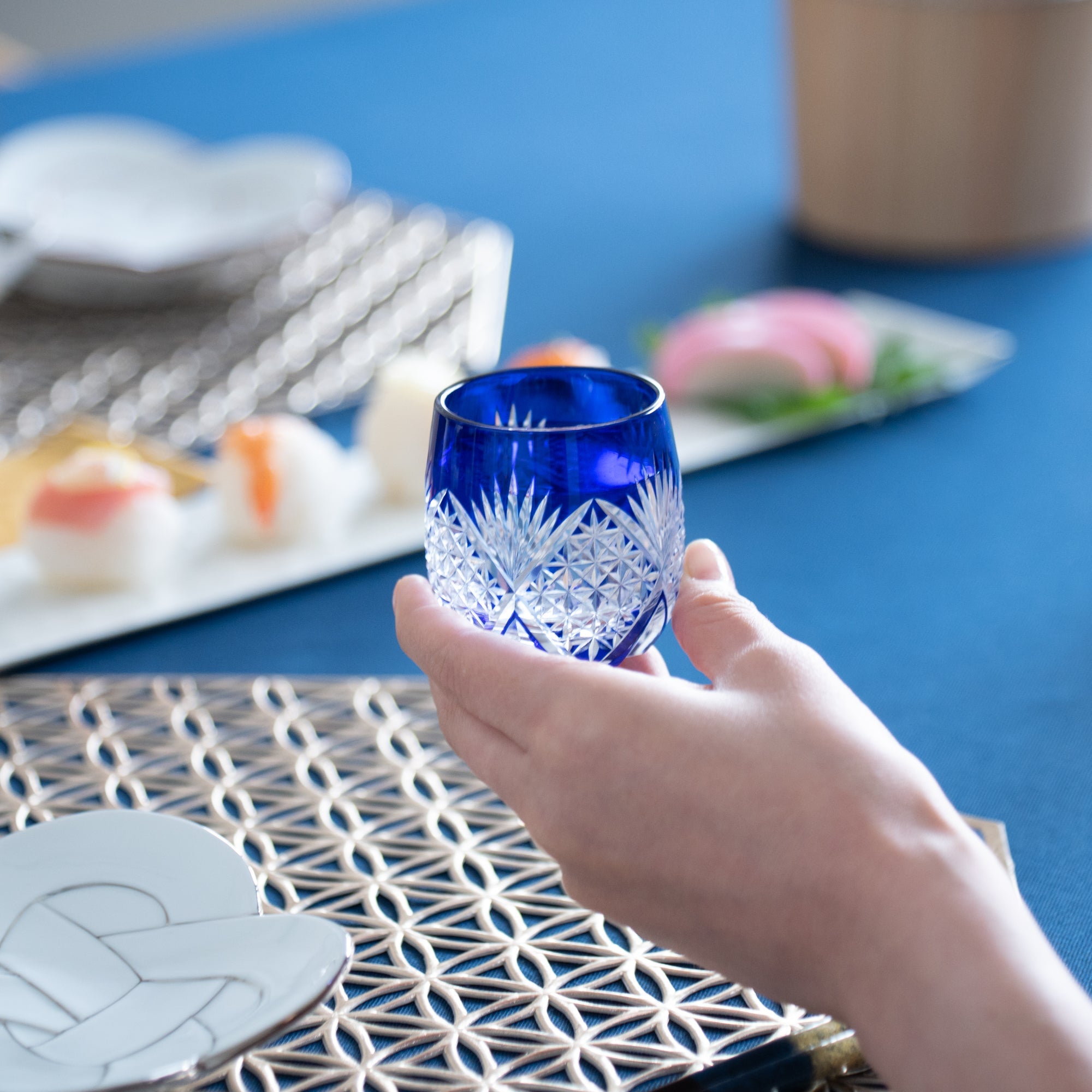 Hirota Kaiseki Hemp Leaf Edo Kiriko Guinomi Sake Cup Blue - MUSUBI KILN - Handmade Japanese Tableware and Japanese Dinnerware