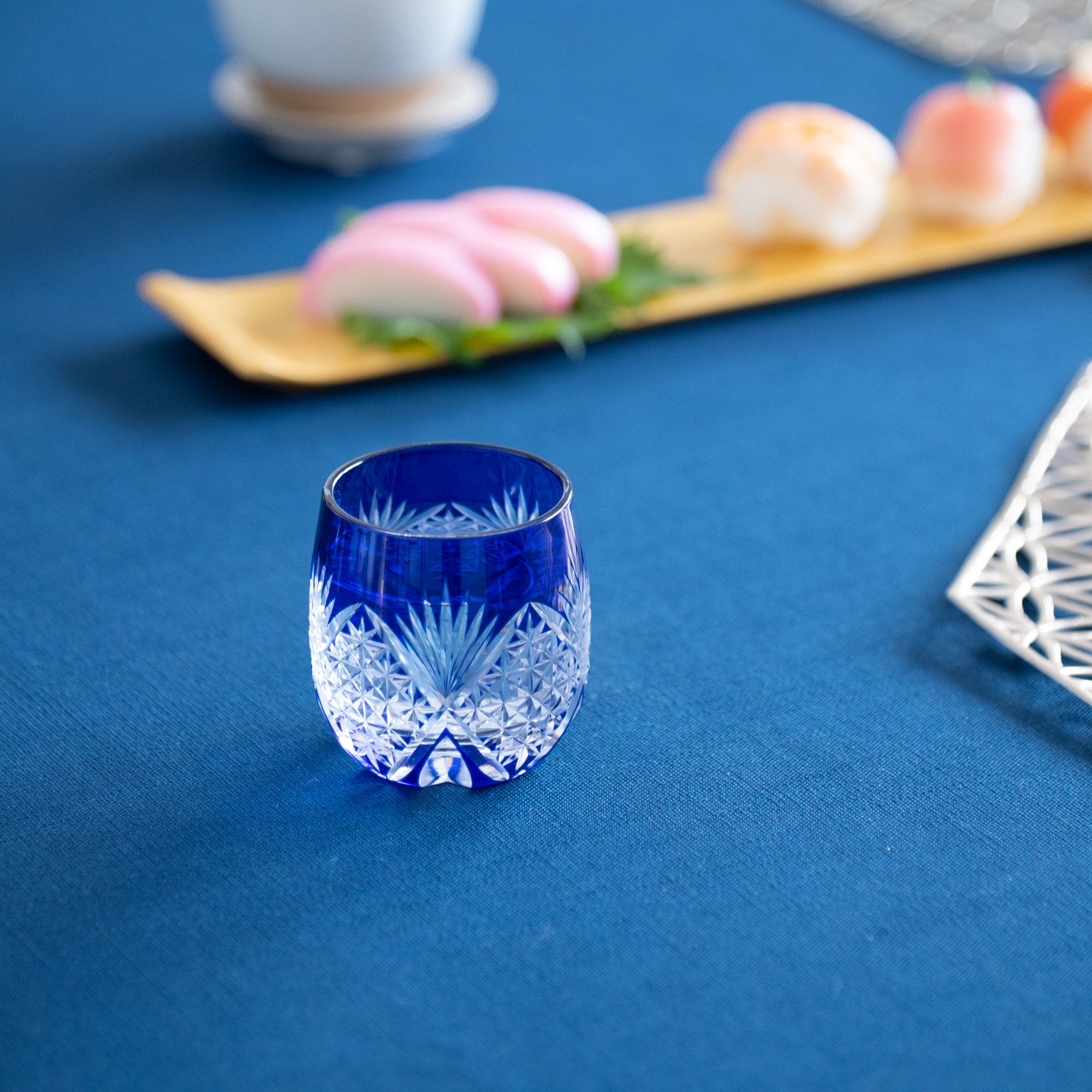 Hirota Kaiseki Hemp Leaf Edo Kiriko Guinomi Sake Cup Blue - MUSUBI KILN - Handmade Japanese Tableware and Japanese Dinnerware