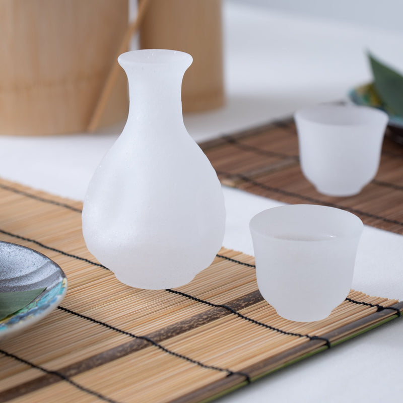 Hirota White Fubuki 3-Piece Edo Glass Sake Set - MUSUBI KILN - Handmade Japanese Tableware and Japanese Dinnerware