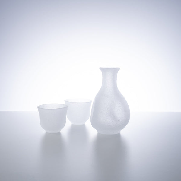 Hirota White Fubuki 3-Piece Edo Glass Sake Set - MUSUBI KILN - Handmade Japanese Tableware and Japanese Dinnerware