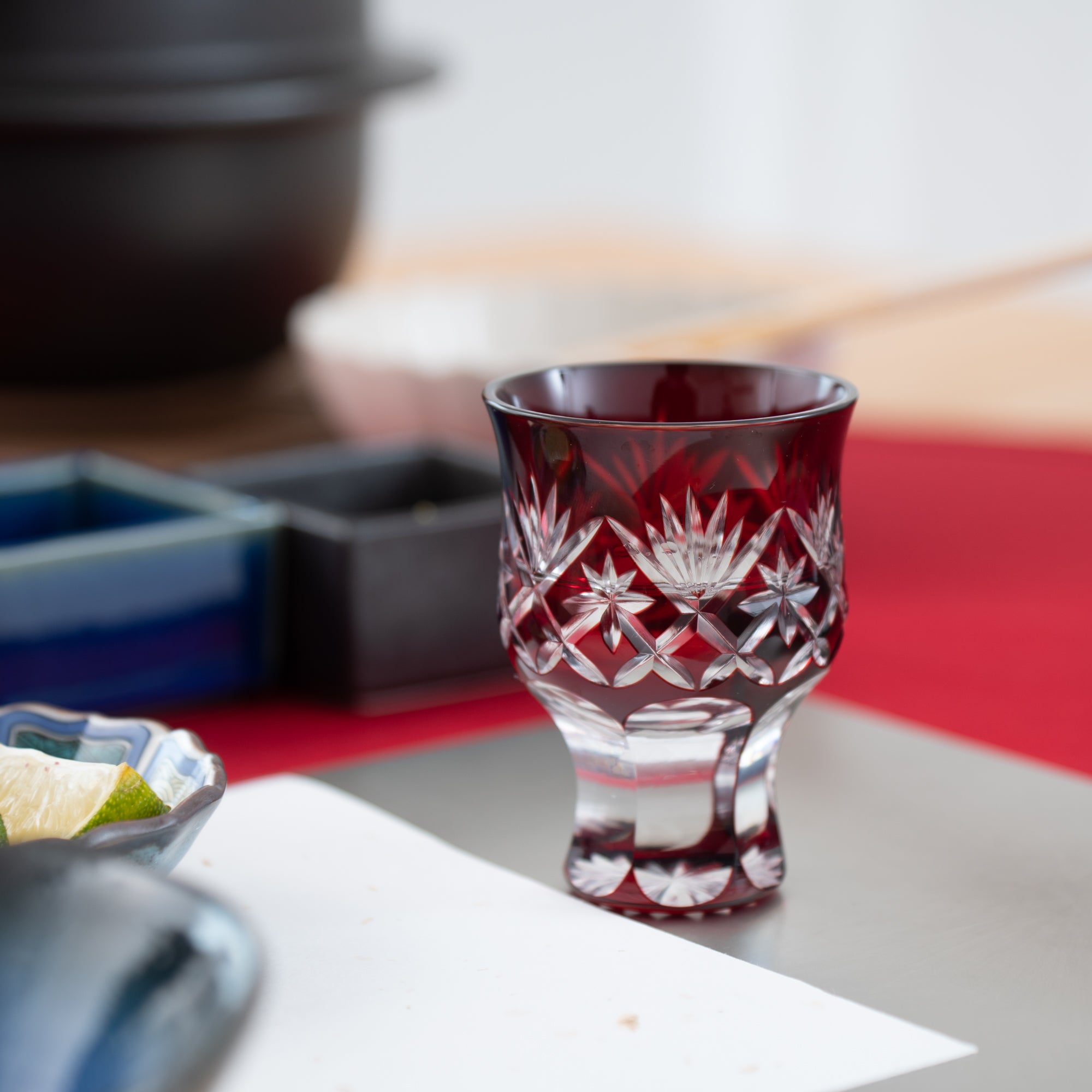 Hirota Yarai Edo Kiriko Cut Glass Guinomi Sake Cup Red - MUSUBI KILN - Handmade Japanese Tableware and Japanese Dinnerware