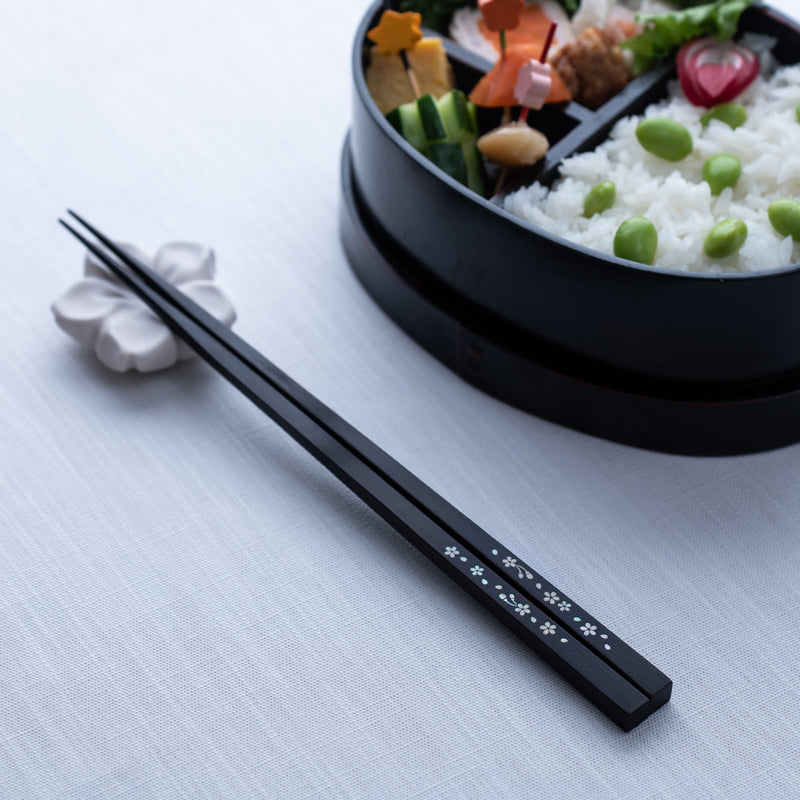 Issou Sakura and Buds Ebony Wakasa Lacquer Chopsticks 23cm/9.1in - MUSUBI KILN - Quality Japanese Tableware and Gift