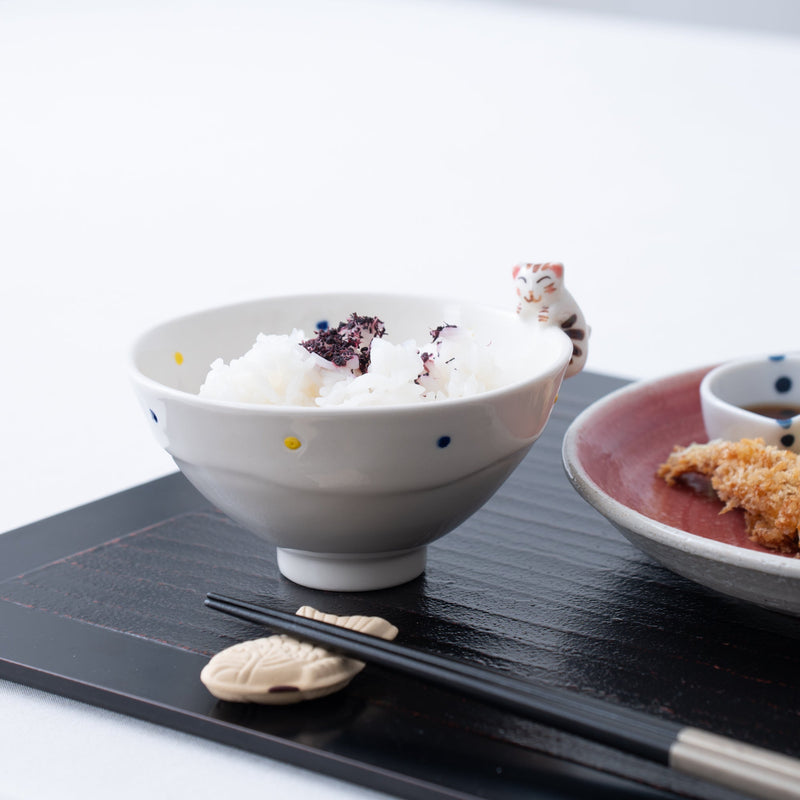 Kikusho Kiln Blue Dot Cat Hasami Japanese Rice Bowl - MUSUBI KILN - Quality Japanese Tableware and Gift