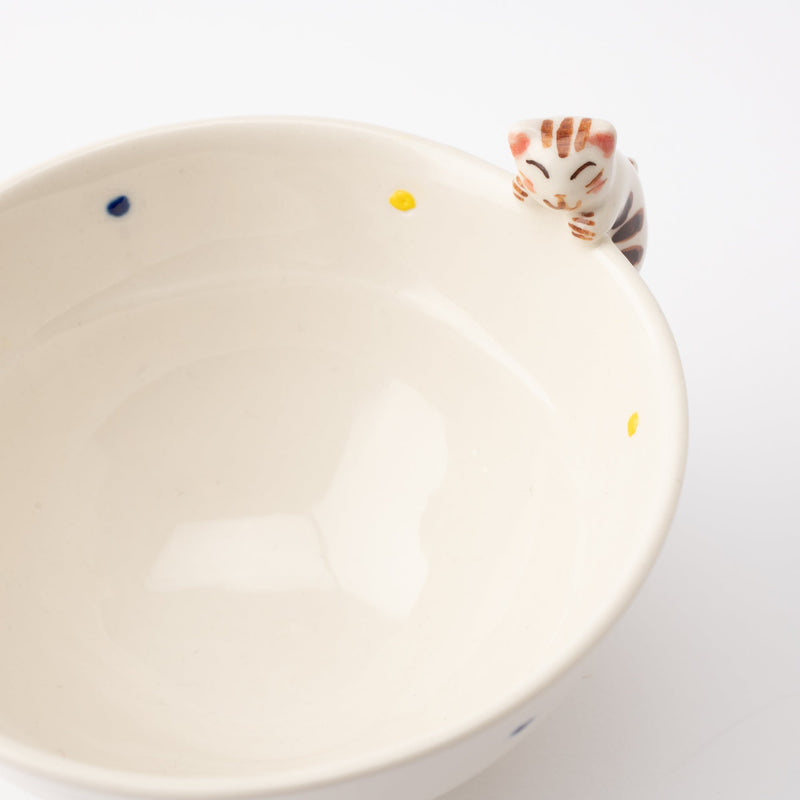 Kikusho Kiln Blue Dot Cat Hasami Japanese Rice Bowl - MUSUBI KILN - Quality Japanese Tableware and Gift