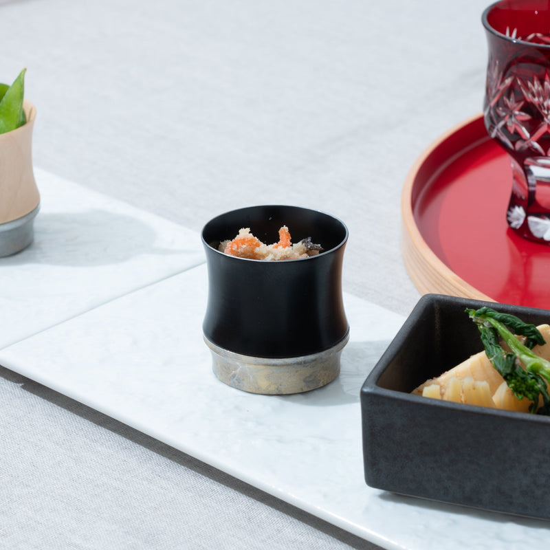 Kisen Bamboo Short Black Lacquer and Silver Takaoka Copperware Guinomi Sake Cup - MUSUBI KILN - Handmade Japanese Tableware and Japanese Dinnerware
