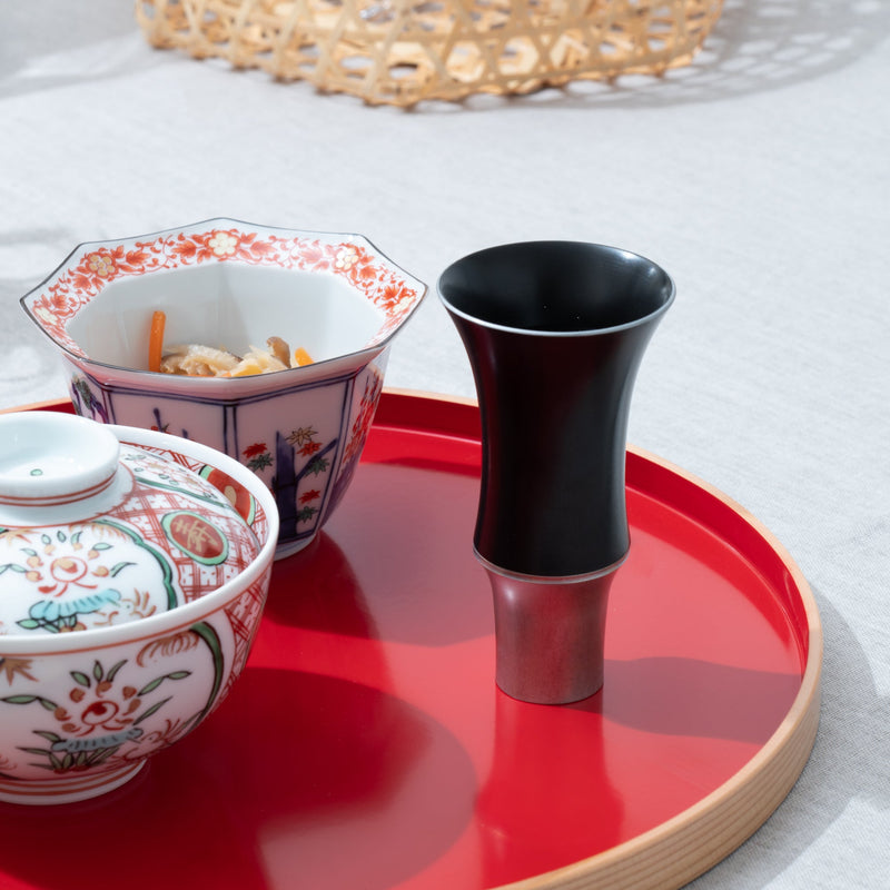 Kisen Bamboo Tall Black Lacquer and Silver Takaoka Copperware Guinomi Sake Cup - MUSUBI KILN - Handmade Japanese Tableware and Japanese Dinnerware