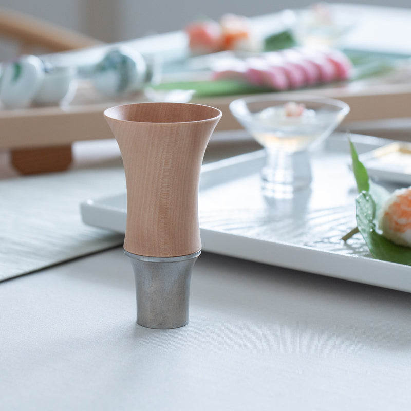Kisen Bamboo Tall Silver Takaoka Copperware Guinomi Sake Cup - MUSUBI KILN - Handmade Japanese Tableware and Japanese Dinnerware