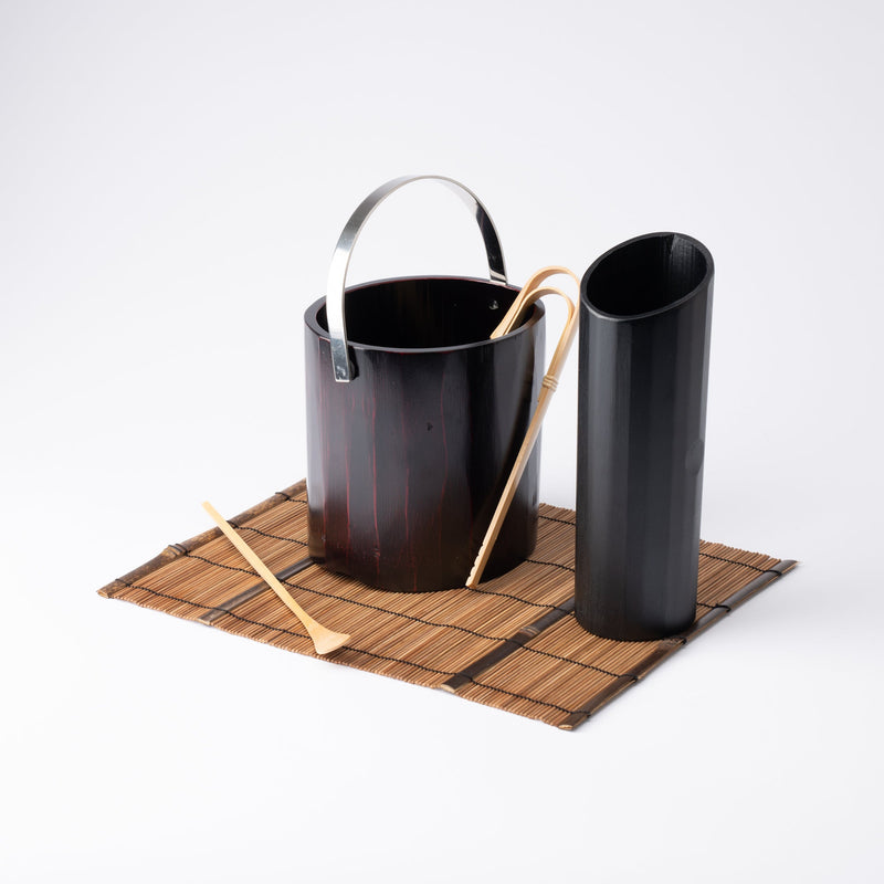 Miyabitake Japanese Bamboo Ice Bucket with Water Carafe, Placemat, Stir Stick and Tong Set - MUSUBI KILN - Handmade Japanese Tableware and Japanese Dinnerware