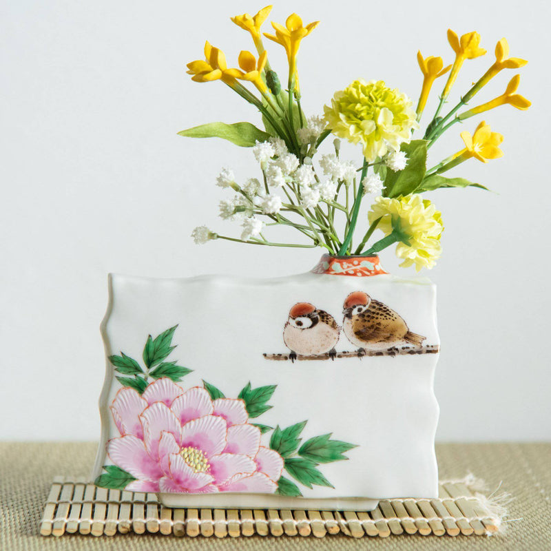 Peony and Twin Sparrows Kutani Flower Vase - MUSUBI KILN - Handmade Japanese Tableware and Japanese Dinnerware
