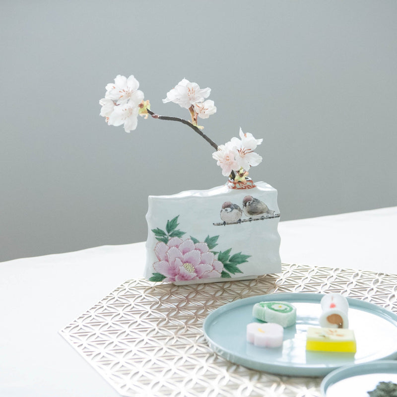Peony and Twin Sparrows Kutani Japanese Flower Vase - MUSUBI KILN - Handmade Japanese Tableware and Japanese Dinnerware
