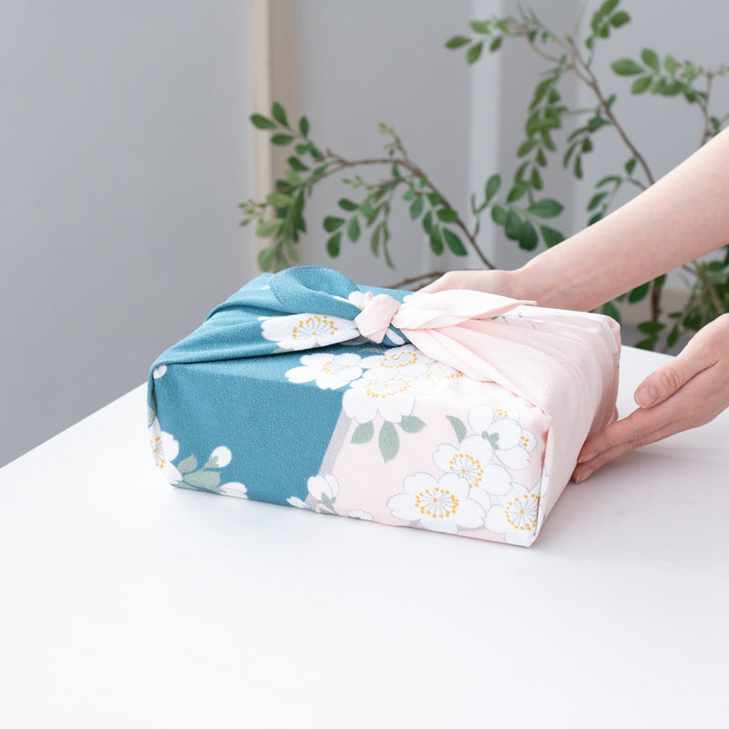 Pink And Green Sakura Chirimen Furoshiki Wrapping Cloth 27in　 - MUSUBI KILN - Handmade Japanese Tableware and Japanese Dinnerware