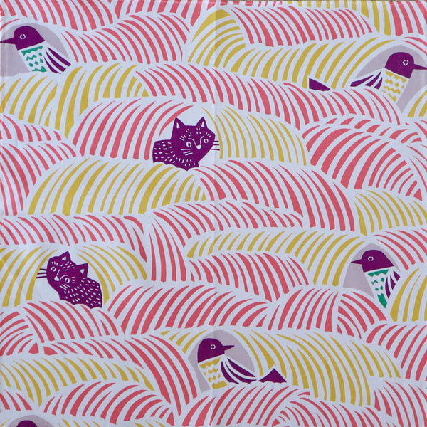 Pink Cat and Birds Furoshiki Wrapping Cloth 17.7in - MUSUBI KILN - Handmade Japanese Tableware and Japanese Dinnerware