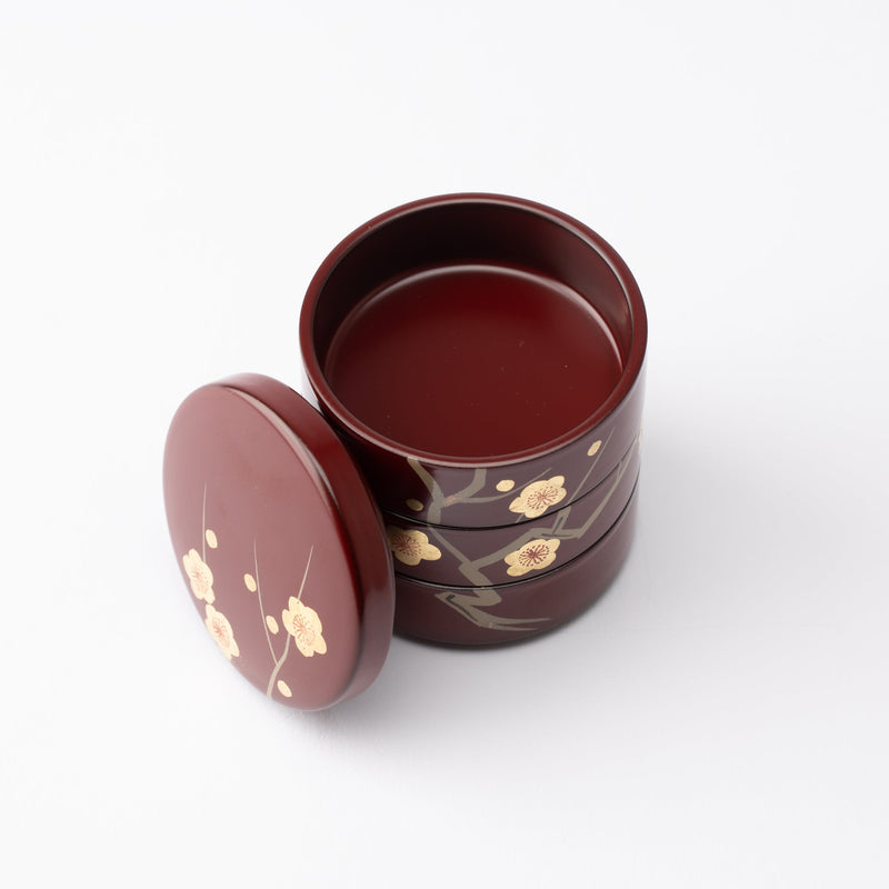 Plum Maki-e Yamanaka Lacquerware Small Three Tiered Box - MUSUBI KILN - Handmade Japanese Tableware and Japanese Dinnerware
