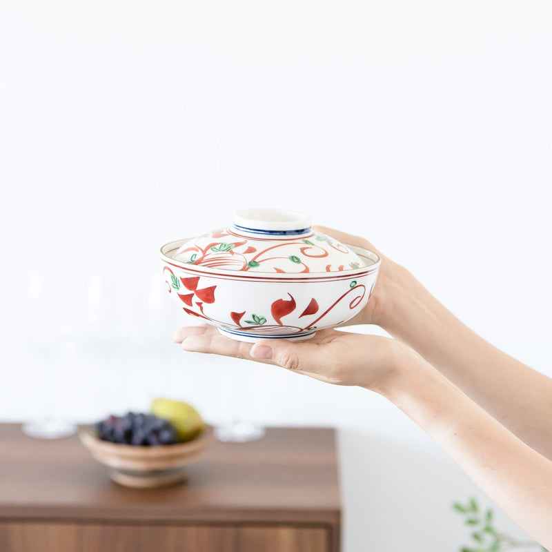 Red Banreki Mino Ware Bowl with Lid - MUSUBI KILN - Handmade Japanese Tableware and Japanese Dinnerware