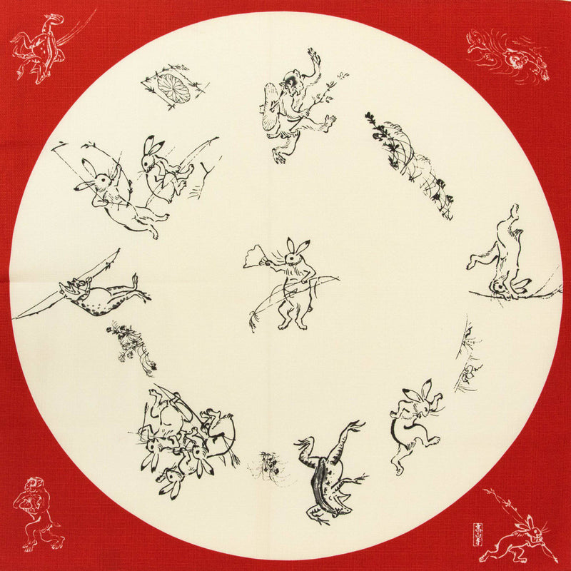 Red Choju-Giga Round Window Furoshiki Wrapping Cloth 27in - MUSUBI KILN - Handmade Japanese Tableware and Japanese Dinnerware
