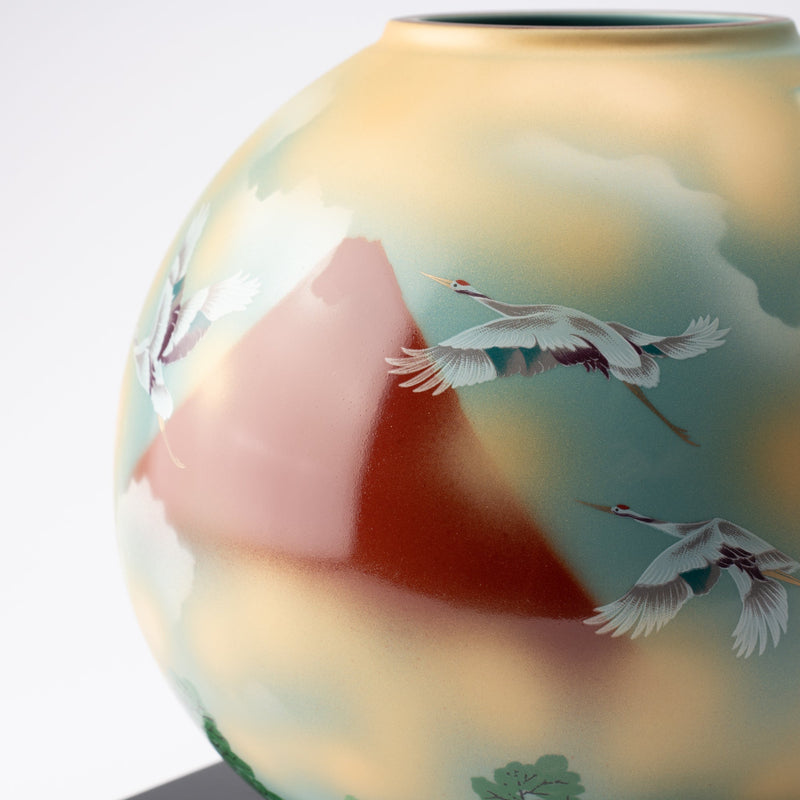 Red Fuji and Crane Kutani Ware Flower Vase with Stand - MUSUBI KILN - Handmade Japanese Tableware and Japanese Dinnerware